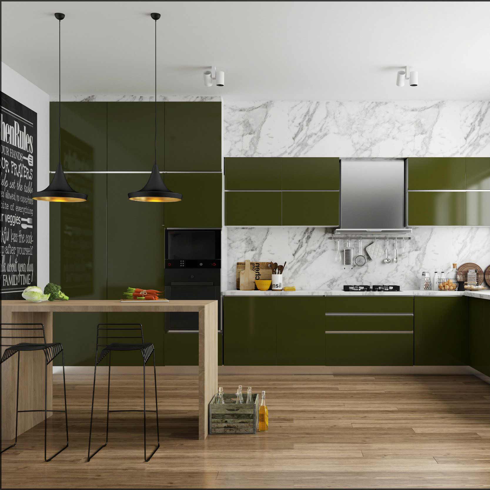 dark green modular kitchen with blum hafele fittings and accessories in noida and delhi