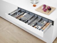 blum motion cutlery tray on a seamless openable handless kitchen in noida & Delhi