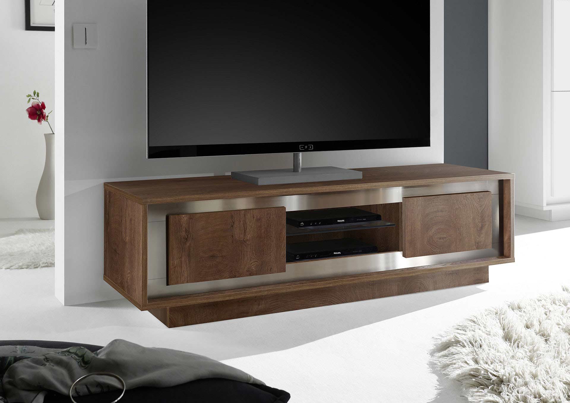 designer wooden tv unit cabinet box with silver laminates and steel grey backpanel in noida and delhi