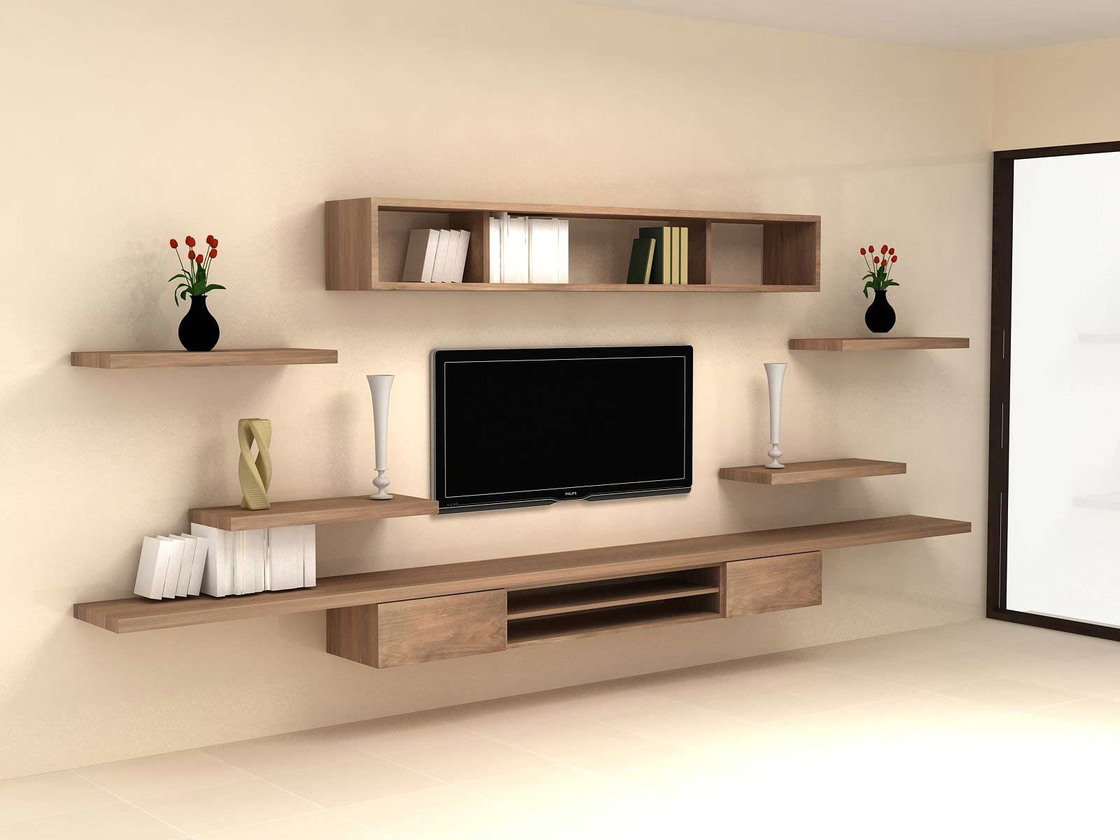 a free standing tv unit with angular titanic fittings installed for shelves and cabinets