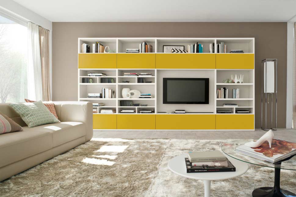 a tv unit with lot of storage shelves and drawers, carefully selected colour combination